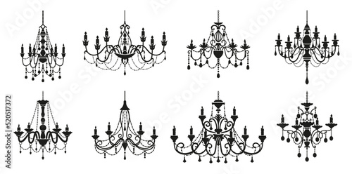 Chandelier silhouettes, crystal lamp lights or baroque candelabra with candlesticks, vector icons. Vintage chandelier lamps or royal lampshades with candles and crystal pendants in black silhouette photo