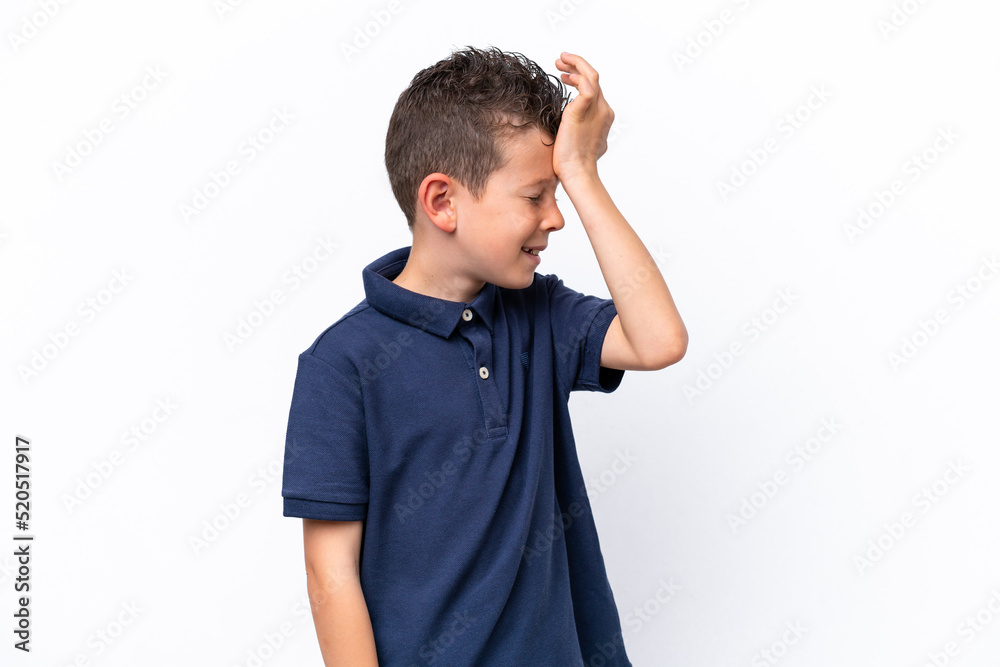 Little caucasian boy isolated on white background has realized something and intending the solution Little caucasian boy isolated on white background has realized something and intending the solution
