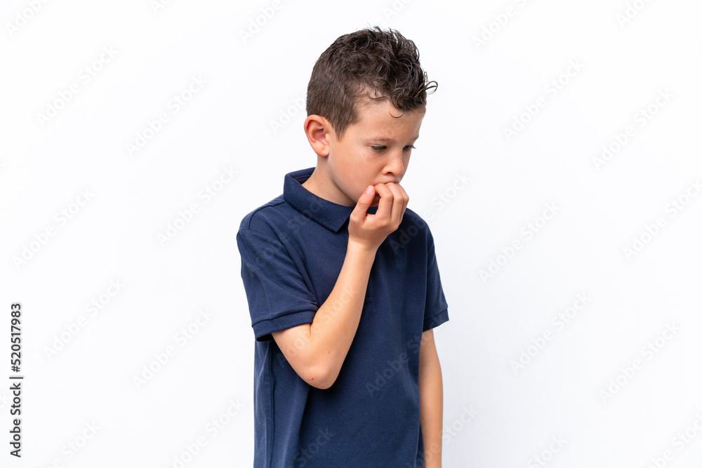 Little caucasian boy isolated on white background having doubts Little caucasian boy isolated on white background having doubts