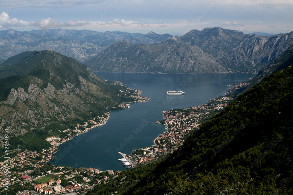 Elevated view of Kotor with surrounding mountains and Bay of Kotor, Montenegro 