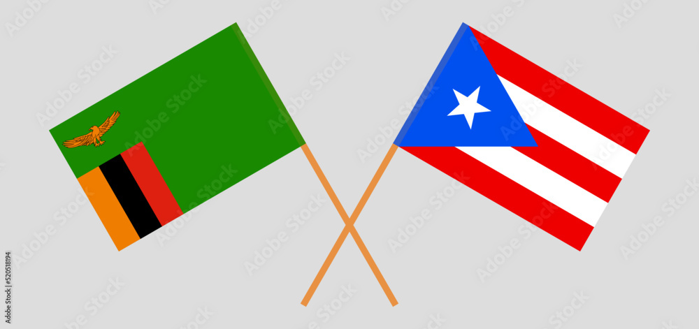 Crossed flags of Zambia and Puerto Rico. Official colors. Correct proportion