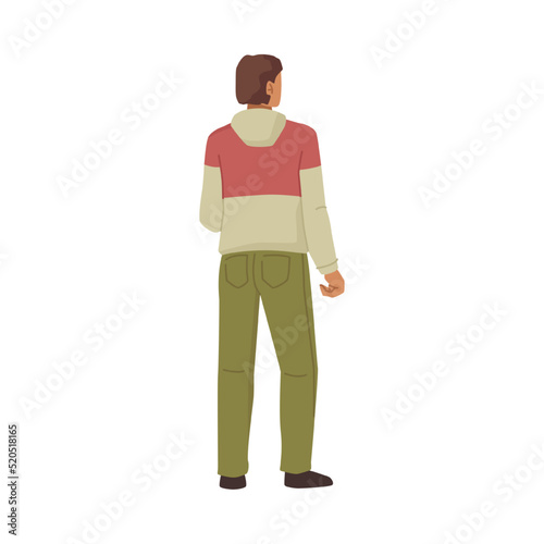 Rear view of young man, standing male in sweater and pants, isolated flat cartoon student back view. Vector illustration of person backside, human in casual cloth