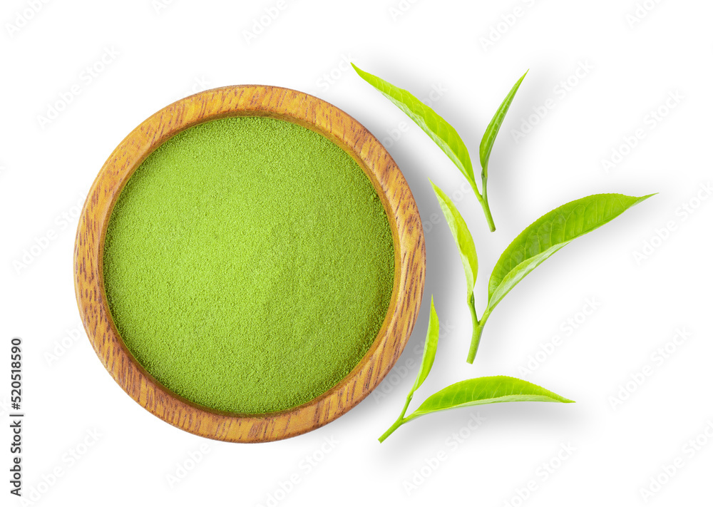 powdered matcha green tea in bowl isolated on white background. top view - obrazy, fototapety, plakaty 