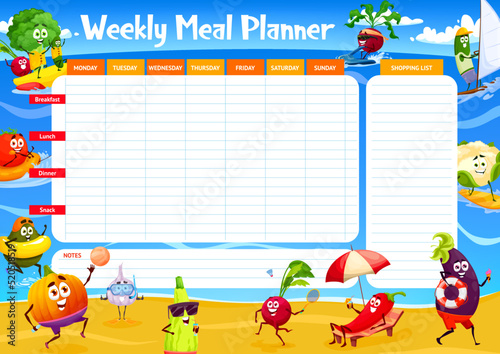 Cartoon cheerful vegetables on summer beach vacations, vector weekly meal planner schedule. Organizer check list of food plan for week or diet menu calendar and shopping list with funny vegetables