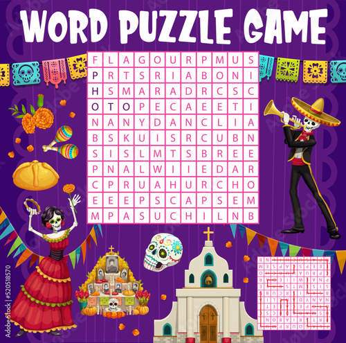 Dia de los Muertos mexican holiday word search puzzle game worksheet. Vector quiz, riddle or word maze with cartoon sugar skull, maracas, Day of the Dead papel picado flags, musician, dancer skeletons