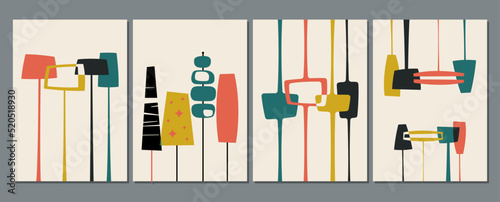 Mid Century Modern Vintage Style Patterns Set. 1950s-1960s Googie Retro Lamps Backgrounds