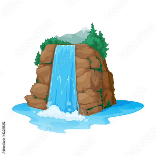 River waterfall falls from cliff isolated water cascade streams. Vector cartoon landscape with mountain and pine tree, game asset design