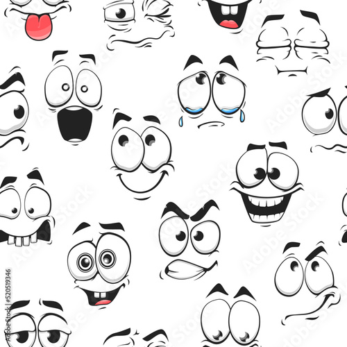 Seamless background with cartoon faces, vector pattern with funny characters smiling, happy, sad, think, excited, angry and upset emotions. Wallpaper, textile, fabric wrapping paper backdrop design