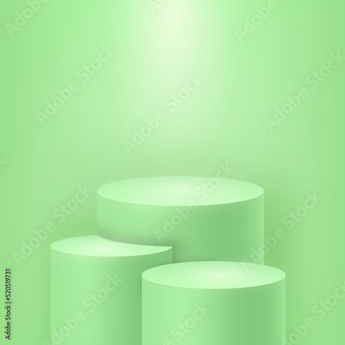 Realistic 3D podiums, green isolated pillar stands. Vector illustration winners arena, scene for products exhibition and showcase. Steps pedestals, studio platforms or promotion displays