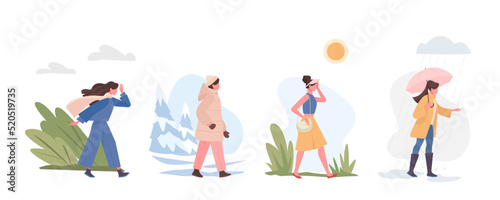 season people. girl walking in various seasonal weather cloudy rainy snow and wind summer heat. Vector cartoon people