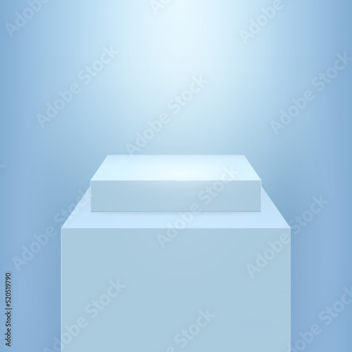 Square realistic 3D podium in blue color, arena stage platform. Vector showroom foundation, block cubes exposition. Scene in gallery or cosmetics shop, empty square blocks platform