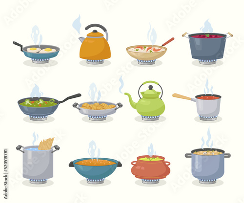 boiling food. kitchen utensils with steaming products frying pots on gas stove. Vector collection pictures in cartoon style