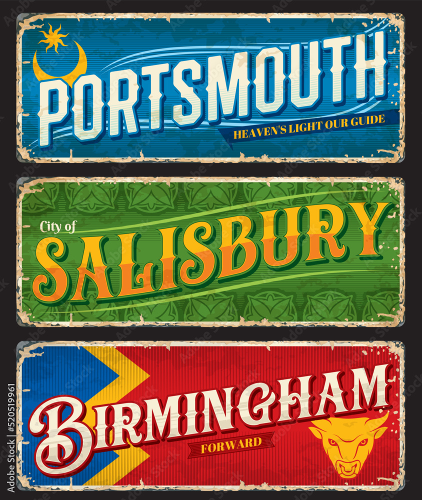 Portsmouth, Salisbury, Birmingham UK travel signs and vector stickers, England cities destinations. UK Britain voyage luggage tags and vintage tin plates with travel places flags and journey landmark