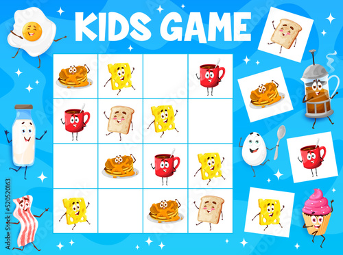Sudoku game cartoon breakfast characters. Vector worksheet with pancakes, cheese, toast and coffee cup on chequered board. Educational task, children teaser for leisure sparetime activity