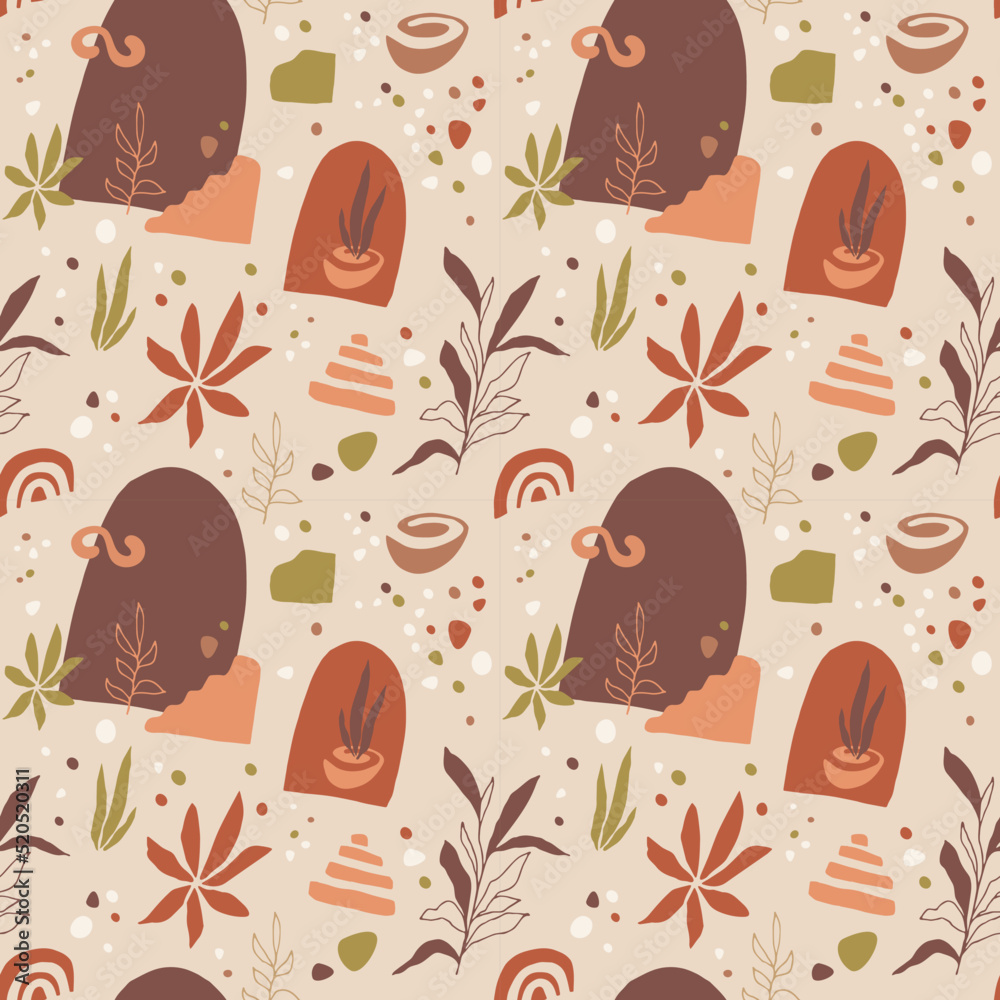 Vector organic shapes seamless pattern. Pottery, leaves, abstract