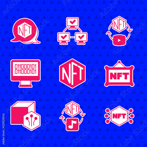 Set NFT Digital crypto art, Binary code, and icon. Vector