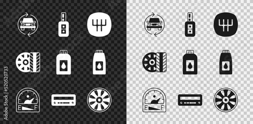 Set Car service, key with remote, Gear shifter, Motor gas gauge, audio, Alloy wheel for car, tire and Canister motor machine oil icon. Vector