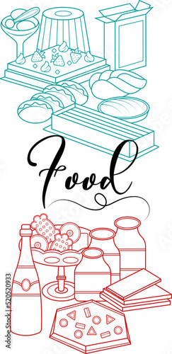 Food. Outline drawing with an inscription. Cookies in a vase. Cake with berries. Jars of jam. Assorted sweets. Chocolate bars. Bakery products. A bottle of wine.