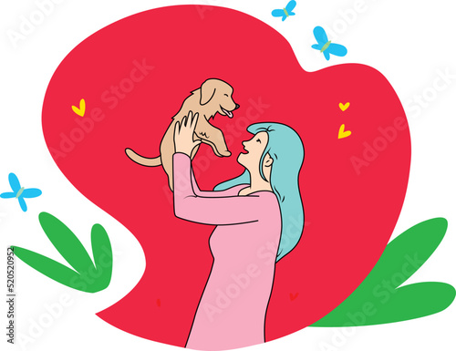 Vector Illustration a woman holds her beloved pet happily side view flat cartoon style
