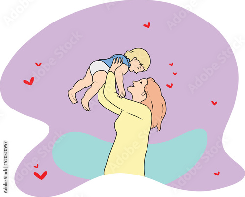 Vector Illustration of a woman holding a baby happily and looking at each other flat cartoon style
