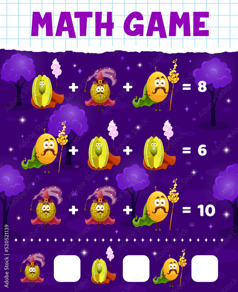 Carambola, durian and melon wizard characters math game worksheet ...