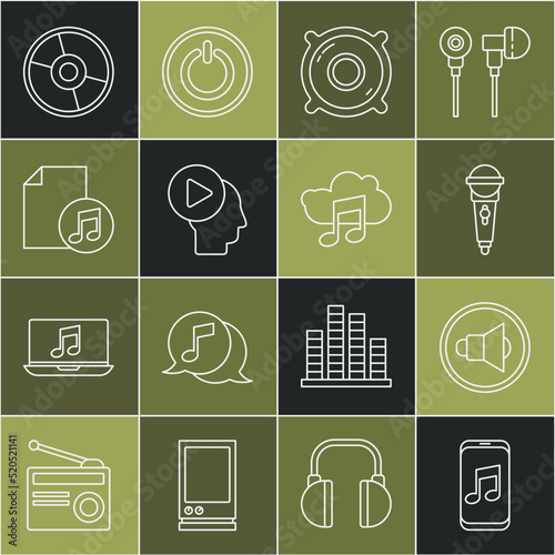 Set line Music player, Speaker volume, Microphone, Stereo speaker, Head people with button, book note, CD or DVD disk and streaming service icon. Vector