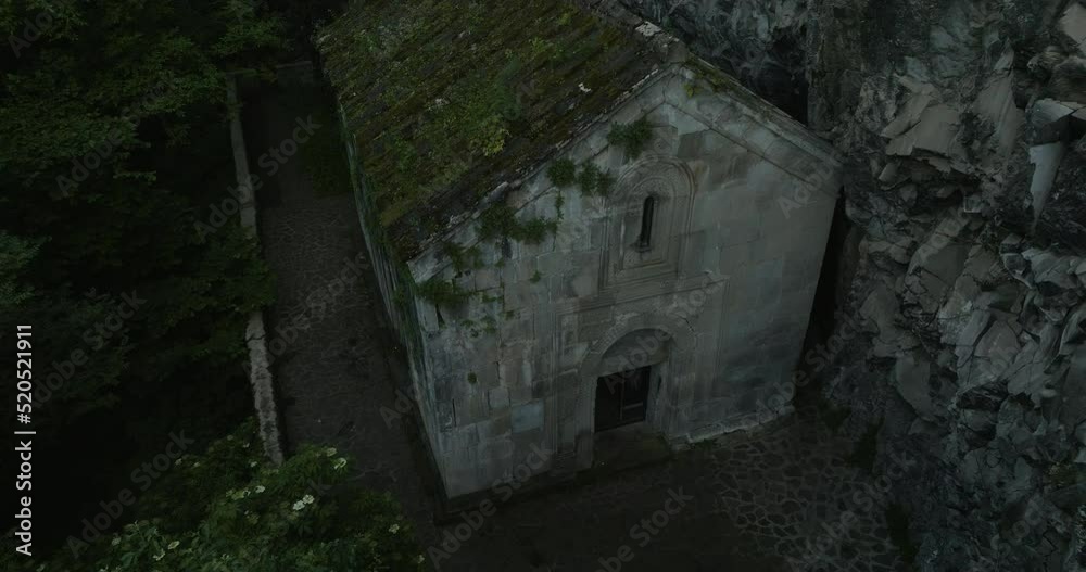 Old Mountain Church With Roof Covered By Moss And Walled By Rock In Georgia. - Drone Pullback Shot Old Mountain Church With Roof Covered By Moss And Walled By Rock In Georgia. - Drone Pullback Shot