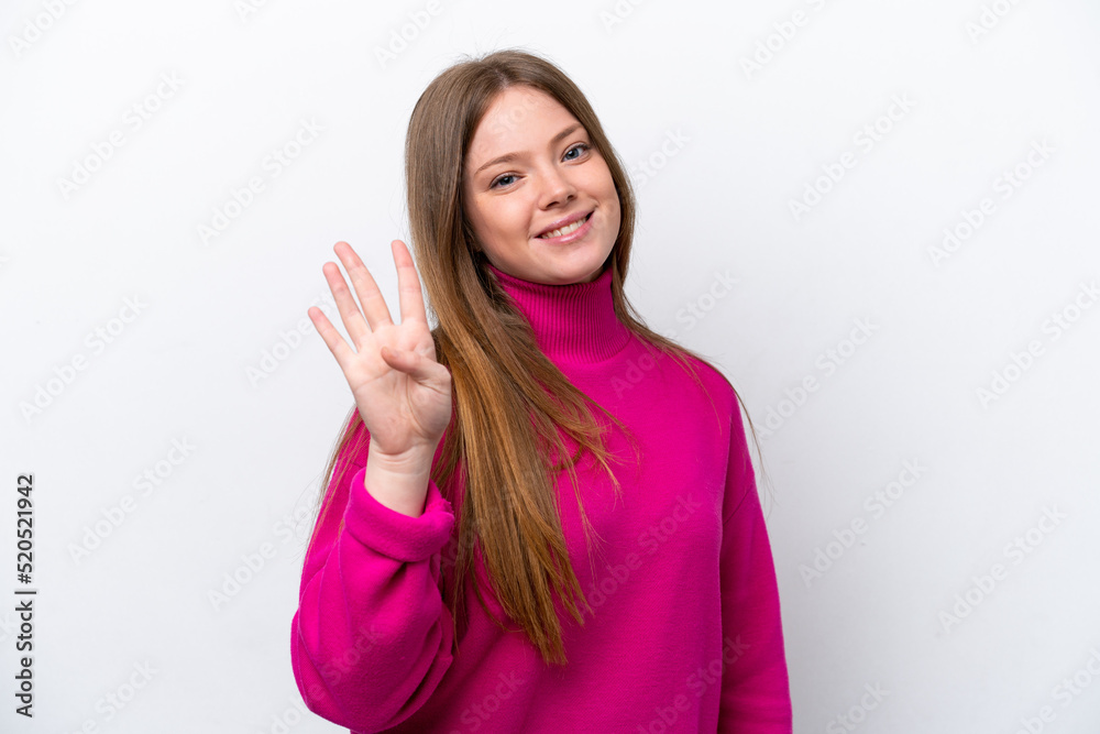 Young caucasian woman isolated on white background happy and counting four with fingers Young caucasian woman isolated on white background happy and counting four with fingers