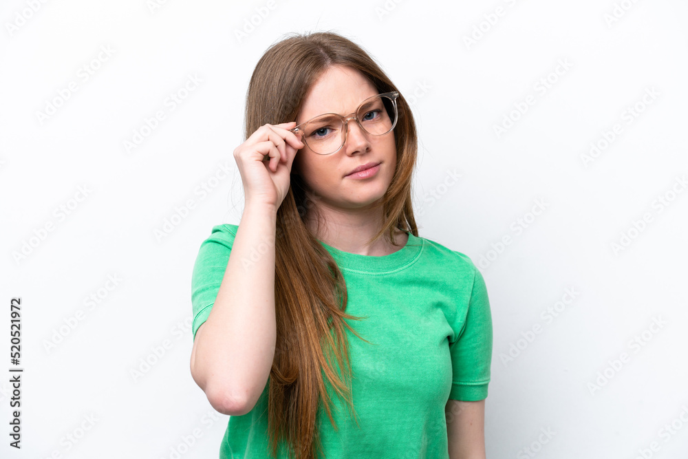 Young caucasian woman isolated on white background With glasses and frustrated expression Young caucasian woman isolated on white background With glasses and frustrated expression