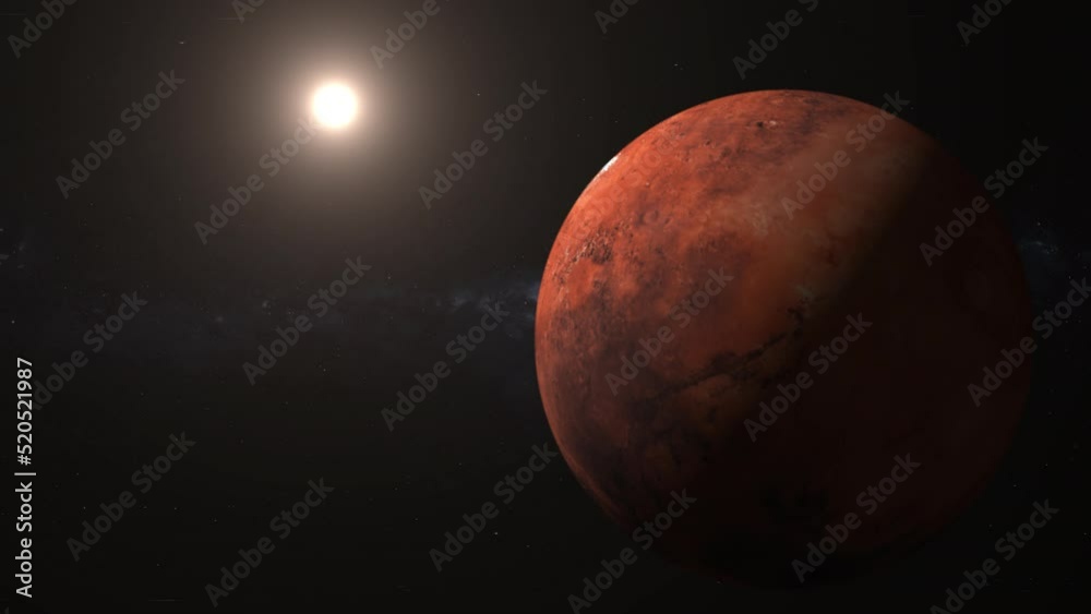 Wide-field view of mars and the sun in outer space. Close up on the surface of rotating Mars.