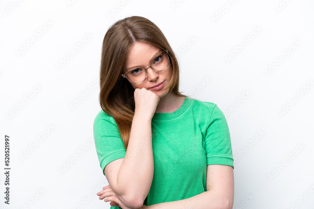 Young caucasian woman isolated on white background With glasses and with sad expression Young caucasian woman isolated on white background With glasses and with sad expression