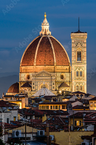 The illuminated famous Duomo - Santa Maria del Fiore in Florence in blue hour.