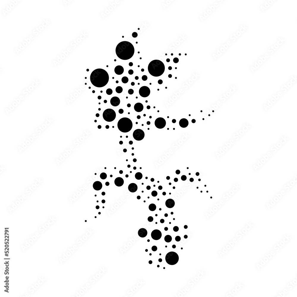 A large carnivorous plant symbol in the center made in pointillism style. The center symbol is filled with black circles of various sizes. Vector illustration on white background
