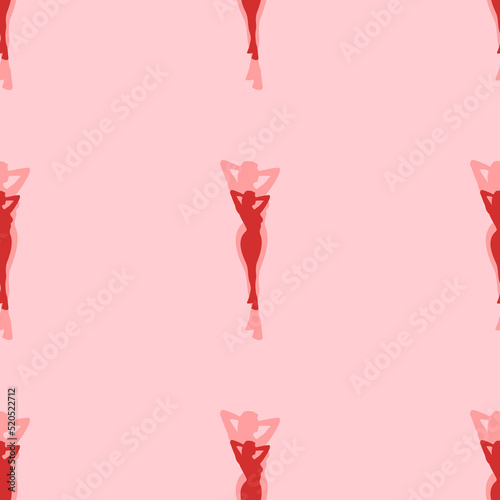 Seamless pattern of large isolated red sexy woman images. The elements are evenly spaced. Vector illustration on light red background