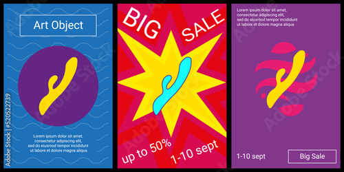 Trendy retro posters for organizing sales and other events. Large sex toy symbol in the center of each poster. Vector illustration on black background