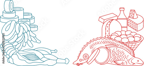 Food. Outline drawing. Choice of products. Protein. Fish. Meat. Eggs. Cheese. Oil. Milk. Range.