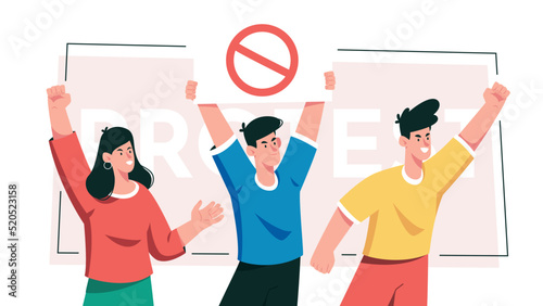 Dissatisfied men and a woman with a placard. Protesting aggressive persons at political meeting, parade or rally. Flat design colorful illustration isolated on white.