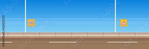 Highway asphalt road and city road outdoor with traffic signs design flat vector illustration.
