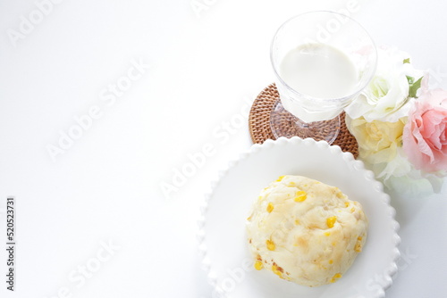 Sweet corn bread on white dish for breakfast image