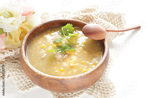 Chinese soup, chicken and egg with coriander leaves soup