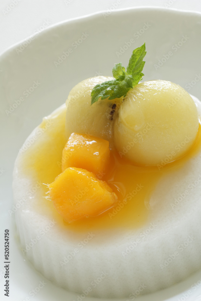 Kiwi fruit and mango on white Milk Kanten Jelly for Asian sweet dessert image Kiwi fruit and mango on white Milk Kanten Jelly for Asian sweet dessert image
