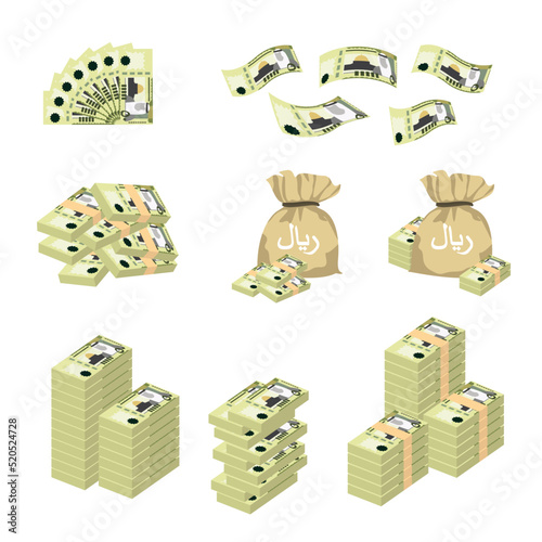Saudi Riyal Vector Illustration. Huge packs of Saudi Arabia money set bundle banknotes. Bundle with cash bills. Deposit, wealth, accumulation and inheritance. Falling money 50 SAR
