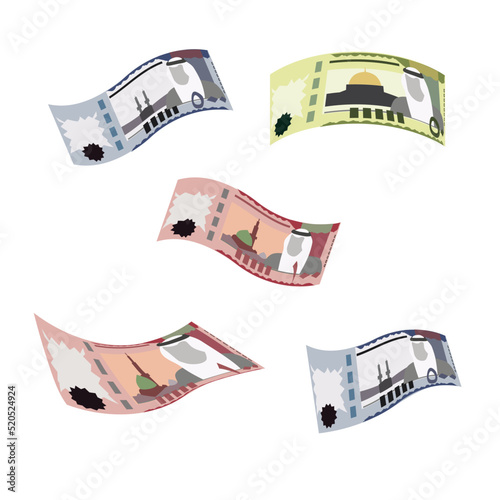 Saudi Riyal Vector Illustration. Saudi Arabia money set bundle banknotes. Falling, flying money 50, 100, 500 SAR. Flat style. Isolated on white background. Simple minimal design.