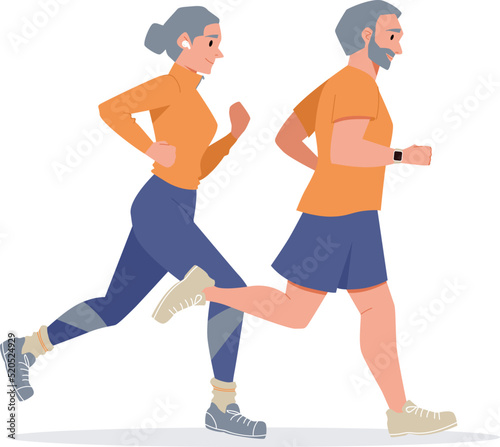 Elderly people running wearing sportswear. Morning jogging run. The concept of sport activity for Senior people and healthy lifestyle. Vector illustration of cardio exercising fitness training