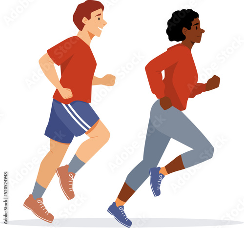 African american woman and man running in the park. Morning jogging run. Concept of family sport activity and healthy lifestyle. Vector illustration of couple workout outside. Marathon race