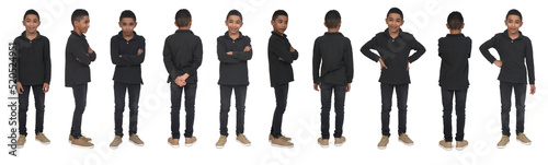 various pose of same boy front,back and side view on white backgrouond photo