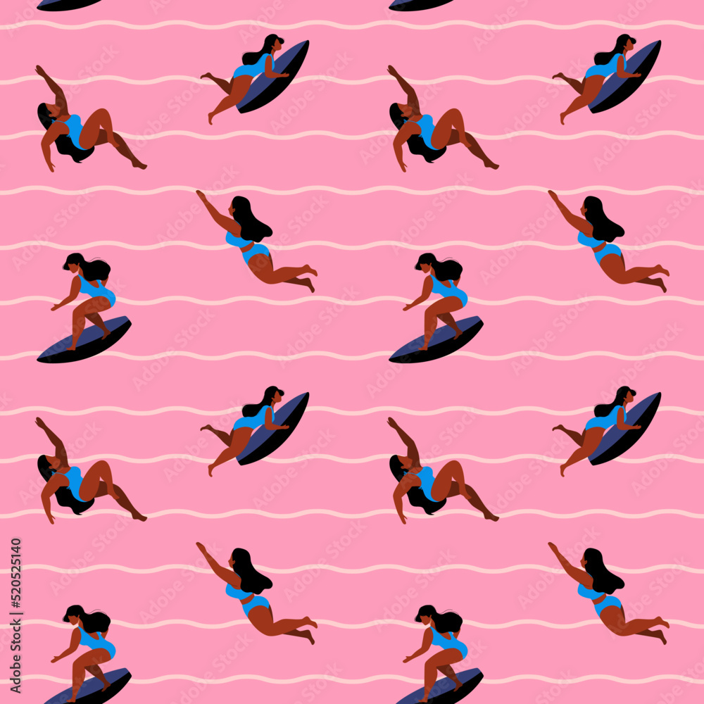 Surfing girls swimming and diving with surf board vector illustration. Women surfers in bikini swimsuits seamless pattern. Summer vibe, holidays, vacation. Surfing girls swimming and diving with surf board vector illustration. Women surfers in bikini swimsuits seamless pattern. Summer vibe, holidays, vacation.