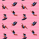Surfing girls swimming and diving with surf board vector illustration. Women surfers in bikini swimsuits seamless pattern. Summer vibe, holidays, vacation.
