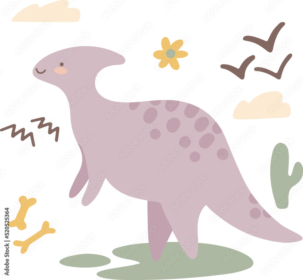 Cute dinosaur. Funny cartoon dino with cacti, bones. Hand drawn vector kids design for nursery room, clip art, prints in scandinavian style. Cute baby monster. Concept for cards, posters, t-shirts.