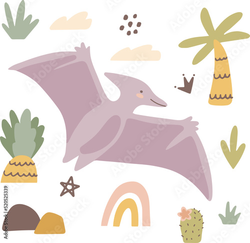 Cute baby dinosaur pterosaur. artoon dino with red heart. Hand drawn vector kids design for nursery room, clip art, prints in scandinavian style. Concept for cards, posters, t-shirts.
